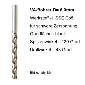 VA-Spiralbohrer HSSE  D=6 - SL=57 (Durchgangsbohrung Riegel)