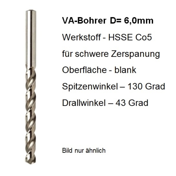 VA-Spiralbohrer HSSE  D=6 - SL=57 (Durchgangsbohrung Riegel)