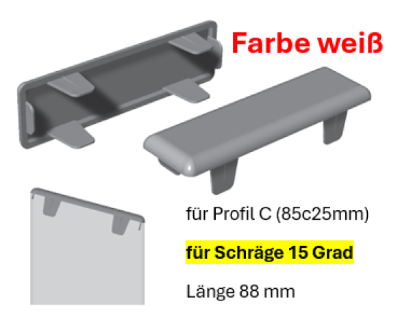 Kappe C1 - (85x25) - flach für Schräge 15 Grad - Weiss PVC